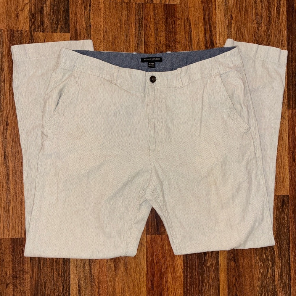 Banana Republic Aiden Slim Fit Linen Cotton Pinstripe Pants Mens 36x34 Cream